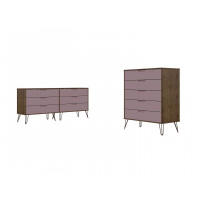 Manhattan Comfort 176GMC6 Rockefeller 5-Drawer and 6-Drawer Nature and Rose Pink Dresser Set